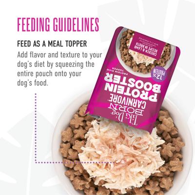 Show full view: Tiki Dog Born Carnivore Protein Booster Chicken & Lamb Recipe in Broth Grain-Free Dog Food Topper, 2.1-oz pouch, case of 12 slide 6 of 9