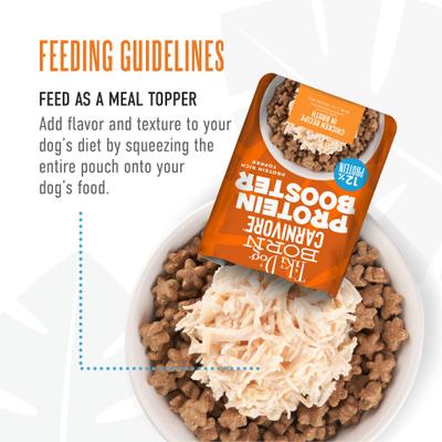 Show full view: Tiki Dog Born Carnivore Protein Booster Chicken Recipe in Broth Grain-Free Dog Food Topper, 2.1-oz pouch, case of 12 slide 6 of 9