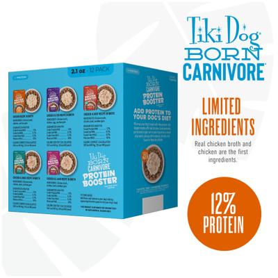 Show full view: Tiki Dog Born Carnivore Protein Booster Variety Pack Grain-Free Dog Food Topper, 2.1-oz pouch, case of 12 slide 3 of 8