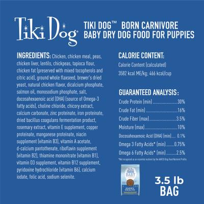 Show full view: Tiki Dog Born Carnivore Puppy Health Grain-Free Chicken, Peas & Lentils Recipe Dry Dog Food, 3.5-lb bag slide 5 of 10