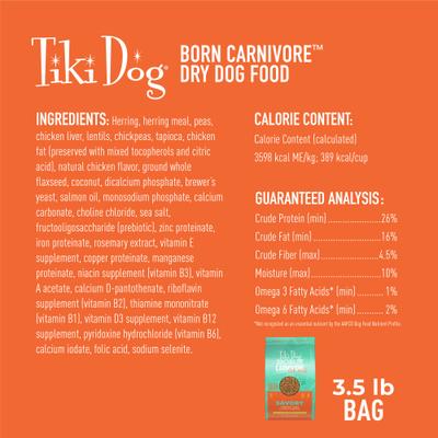 Show full view: Tiki Dog Born Carnivore Savory Grain-Free Herring, Peas & Lentils Recipe Dry Dog Food, 3.5-lb bag slide 4 of 10