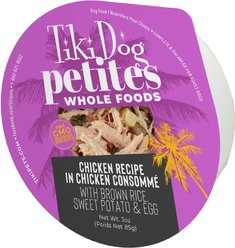 Tiki Dog Petites Whole Foods Adult NON GMO Chicken Recipe in Chicken Consomme Wet Dog Food, 3-oz cup, case of 4