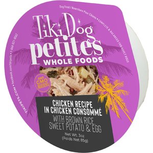 Tiki Dog Petites Whole Foods Adult NON GMO Chicken Recipe in Chicken Consomme Wet Dog Food, 3-oz cup, case of 4