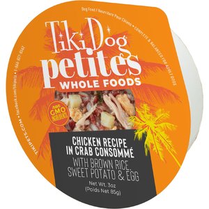 Tiki Dog Petites Whole Foods Adult NON GMO Chicken Recipe in Crab Consomme Wet Dog Food, 3-oz cup, case of 4