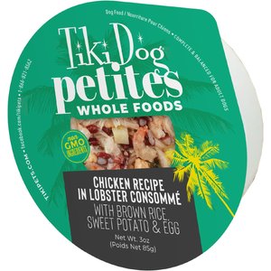 Tiki Dog Petites Whole Foods Adult NON GMO Chicken Recipe in Lobster Consomme Wet Dog Food, 3-oz cup, case of 4