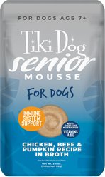 Tiki Dog Senior Mousse Grain-Free Chicken, Beef & Pumpkin in Broth Wet Dog Food, 3.5-oz pouch, case of 12