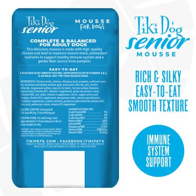Show full view: Tiki Dog Senior Mousse Grain-Free Chicken, Beef & Pumpkin in Broth Wet Dog Food, 3.5-oz pouch, case of 12 slide 3 of 10