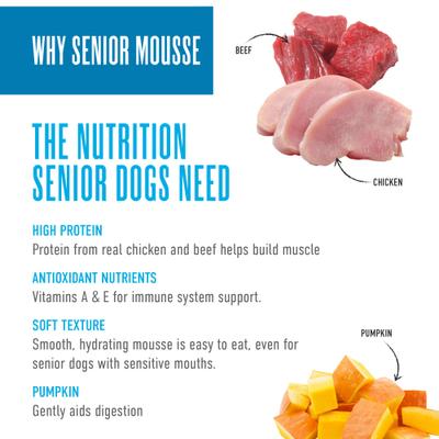 Show full view: Tiki Dog Senior Mousse Grain-Free Chicken, Beef & Pumpkin in Broth Wet Dog Food, 3.5-oz pouch, case of 12 slide 6 of 10