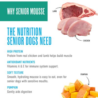 Show full view: Tiki Dog Senior Mousse Grain-Free Chicken, Lamb & Pumpkin in Broth Wet Dog Food, 3.5-oz pouch, case of 12 slide 7 of 10