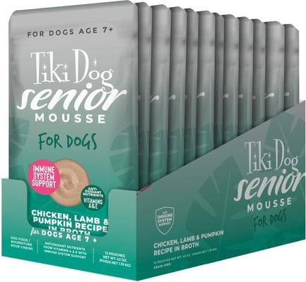 Show full view: Tiki Dog Senior Mousse Grain-Free Chicken, Lamb & Pumpkin in Broth Wet Dog Food, 3.5-oz pouch, case of 12 slide 3 of 10