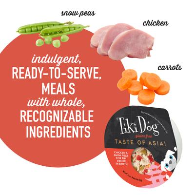 Show full view: Tiki Dog Taste of the World Asia Gluten-Free Chicken & Snow Peas Stir Fry Recipe Wet Dog Food, 3-oz cup, case of 4 slide 6 of 11
