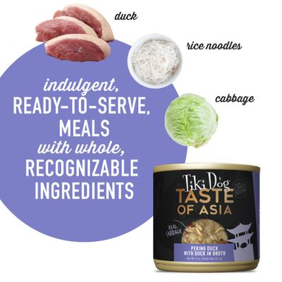 Show full view: Tiki Dog Taste of the World Asia NON GMO Peking Duck with Duck in Broth Wet Dog Food, 9-oz can, case of 8 slide 5 of 7