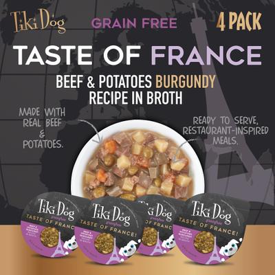 Show full view: Tiki Dog Taste of the World France Grain-Free Beef, Potatoes & Carrots Burgundy Recipe Wet Dog Food, 3-oz cup, case of 4 slide 4 of 11