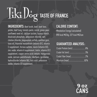 Show full view: Tiki Dog Taste of the World France Grain-Free Beef, Potatoes & Carrots Burgundy Recipe Wet Dog Food, 9-oz can, case of 8 slide 4 of 9