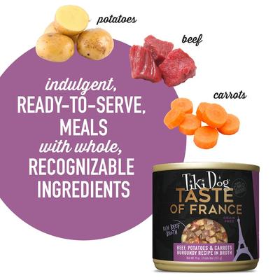 Show full view: Tiki Dog Taste of the World France Grain-Free Beef, Potatoes & Carrots Burgundy Recipe Wet Dog Food, 9-oz can, case of 8 slide 5 of 9