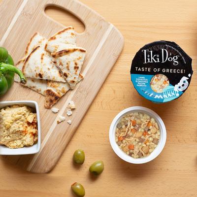 Show full view: Tiki Dog Taste of the World Greece Lamb, Couscous & Chickepea Recipe in Broth Wet Dog Food, 3-oz cup, case of 4 slide 8 of 11