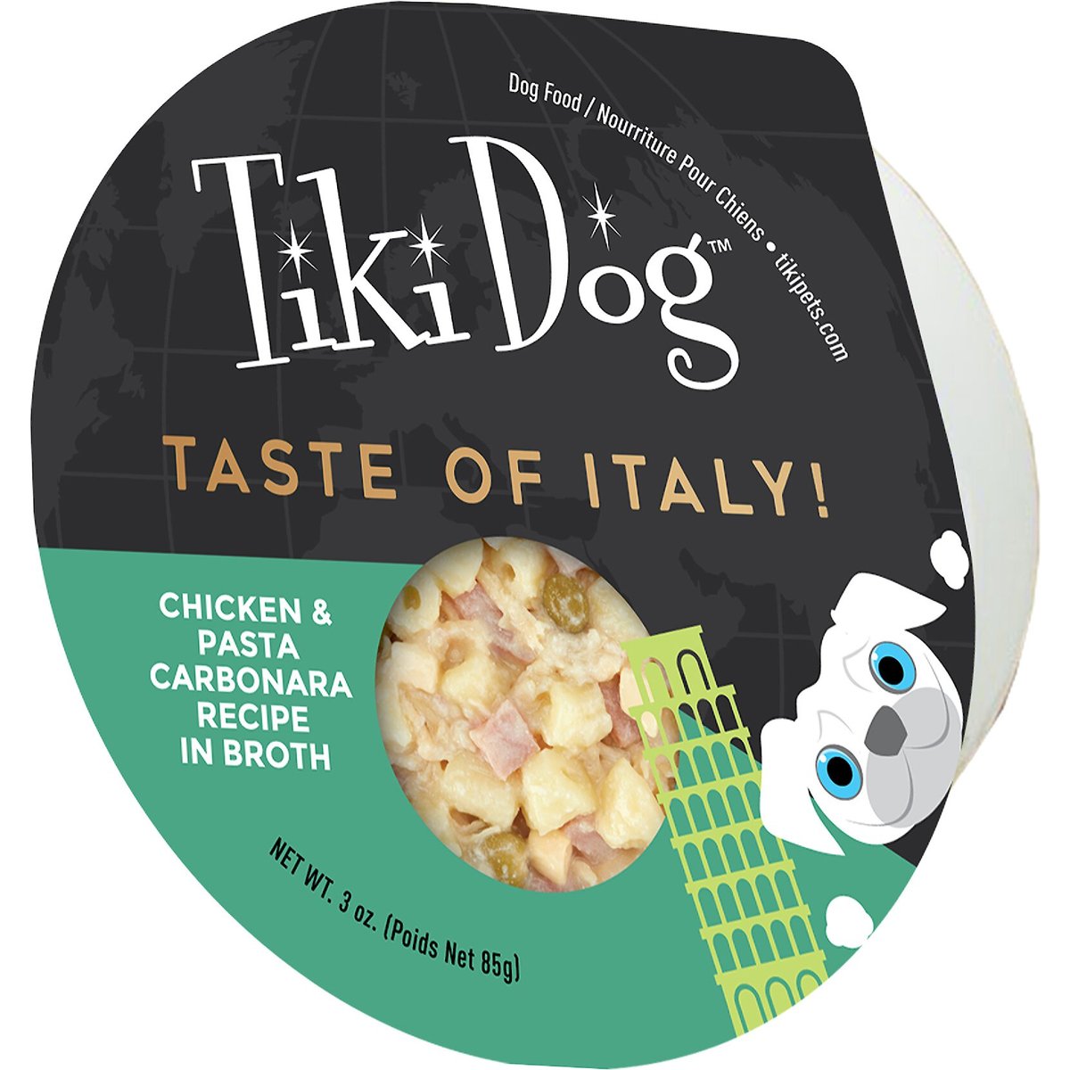 Tiki Dog Taste of the World Italy Chicken & Pasta Carbonara Recipe Wet Dog Food, 3-oz cup, case of 4