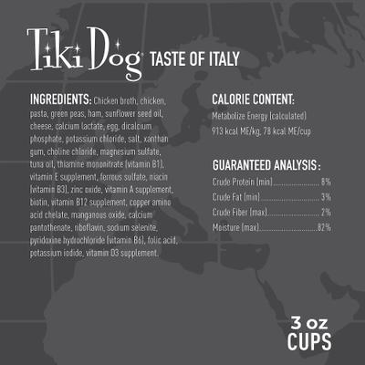 Show full view: Tiki Dog Taste of the World Italy Chicken & Pasta Carbonara Recipe Wet Dog Food, 3-oz cup, case of 4 slide 7 of 11