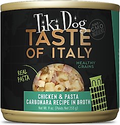 Tiki Dog Taste of the World Italy NON GMO Chicken & Pasta Carbonara Recipe Wet Dog Food, 9-oz can, case of 8