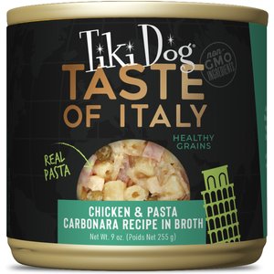 Tiki Dog Taste of the World Italy NON GMO Chicken & Pasta Carbonara Recipe Wet Dog Food, 9-oz can, case of 8