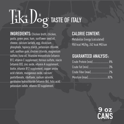Show full view: Tiki Dog Taste of the World Italy NON GMO Chicken & Pasta Carbonara Recipe Wet Dog Food, 9-oz can, case of 8 slide 4 of 9
