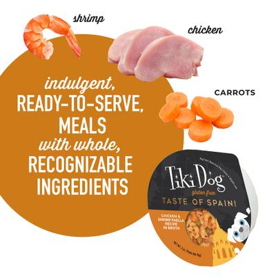 Show full view: Tiki Dog Taste of the World Spain Gluten Free Chicken & Shrimp Paella Recipe Wet Dog Food, 3-oz cup, case of 4 slide 6 of 11
