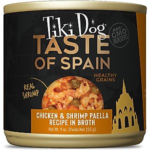 Tiki Dog Taste of the World Spain NON GMO Chicken & Shrimp Paella Recipe Wet Dog Food, 9-oz can, case of 8