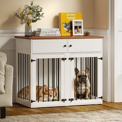 TIMHAKA 41-in Wooden Kennel Crate for 2 Dogs with Removable Divider & Double Doors, White