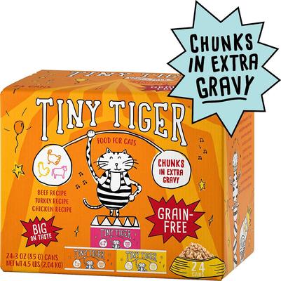 Show full view: Tiny Tiger Chunks in EXTRA Gravy Beef & Poultry Recipes Grain-Free Canned Food + Crunchy Bunch, Chicken Cannonball, Chicken Flavor Cat Treats slide 2 of 8