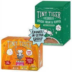 Tiny Tiger Chunks in EXTRA Gravy Beef & Poultry Variety Pack Canned Food + Lickables Senior Formula Tuna & Chicken Recipe Bisque Cat Treat & Topper