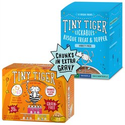 Tiny Tiger Chunks in EXTRA Gravy Beef & Poultry Variety Pack Canned Food + Lickables Variety Pack Bisque Cat Treat & Topper
