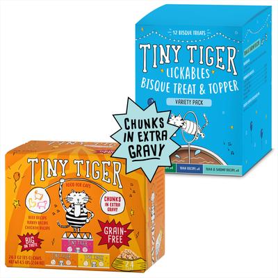 Show full view: Tiny Tiger Chunks in EXTRA Gravy Beef & Poultry Variety Pack Canned Food + Lickables Variety Pack Bisque Cat Treat & Topper slide 1 of 8