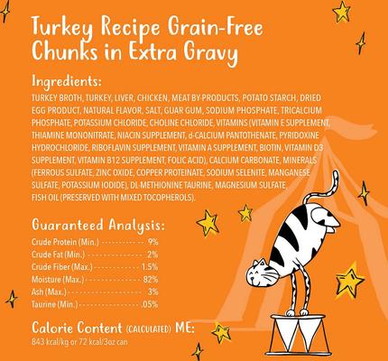 Show full view: Tiny Tiger Chunks in EXTRA Gravy Chicken Recipe Grain-Free Canned Cat Food, 3-oz, case of 24 + Tiny Tiger Chunks in EXTRA Gravy Turkey Recipe Grain-Free Canned Cat Food, 3-oz, case of 24 slide 6 of 8