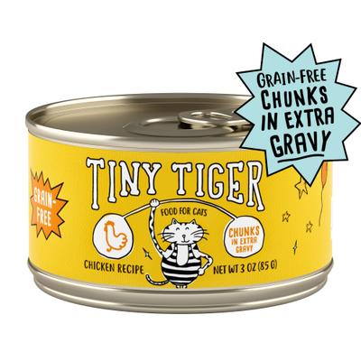 Show full view: Tiny Tiger Grain-Free Chunks in EXTRA Gravy Chicken Recipe Canned Cat Food, 3-oz can, bundle of 48  slide 1 of 12