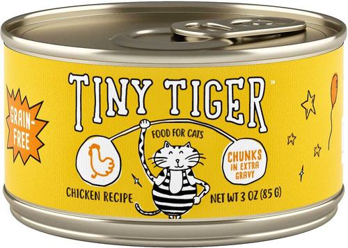 Show full view: Tiny Tiger Grain-Free Chunks in EXTRA Gravy Chicken Recipe Canned Cat Food, 3-oz can, bundle of 48  slide 10 of 12