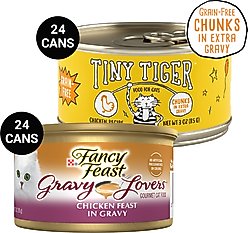 Tiny Tiger Chunks in EXTRA Gravy Chicken Recipe Grain-Free Canned Food + Fancy Feast Gravy Lovers Chicken Feast in Grilled Chicken Flavor Gravy Canned Cat Food