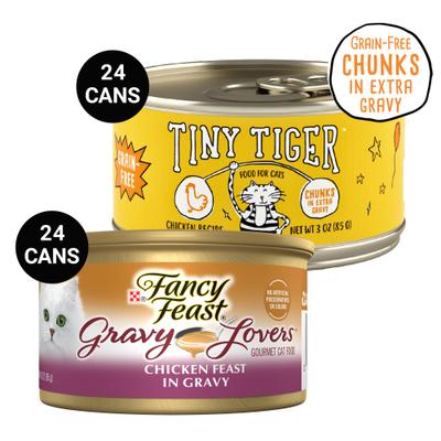 Show full view: Tiny Tiger Chunks in EXTRA Gravy Chicken Recipe Grain-Free Canned Food + Fancy Feast Gravy Lovers Chicken Feast in Grilled Chicken Flavor Gravy Canned Cat Food slide 1 of 10
