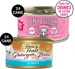 Tiny Tiger Chunks in EXTRA Gravy Salmon & Whitefish Recipe Grain-Free Canned Cat Food, 3-oz, case of 24 + Fancy Feast Gravy Lovers Salmon & Sole Feast in Seared Salmon Flavor Gravy Canned Cat Food, 3-oz, case of 24