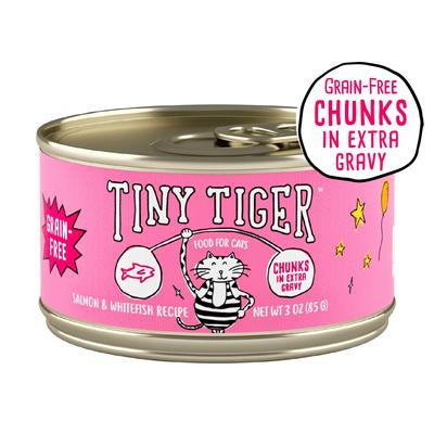 Show full view: Tiny Tiger Chunks in EXTRA Gravy Salmon & Whitefish Recipe Grain-Free Canned Cat Food, 3-oz, case of 24 + Fancy Feast Gravy Lovers Salmon & Sole Feast in Seared Salmon Flavor Gravy Canned Cat Food, 3-oz, case of 24 slide 2 of 9