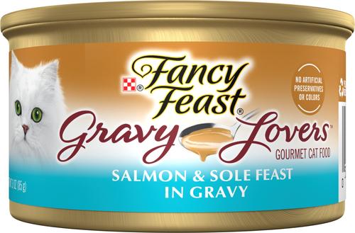Show full view: Tiny Tiger Chunks in EXTRA Gravy Salmon & Whitefish Recipe Grain-Free Canned Cat Food, 3-oz, case of 24 + Fancy Feast Gravy Lovers Salmon & Sole Feast in Seared Salmon Flavor Gravy Canned Cat Food, 3-oz, case of 24 slide 6 of 9
