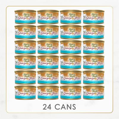 Show full view: Tiny Tiger Chunks in EXTRA Gravy Salmon & Whitefish Recipe Grain-Free Canned Cat Food, 3-oz, case of 24 + Fancy Feast Gravy Lovers Salmon & Sole Feast in Seared Salmon Flavor Gravy Canned Cat Food, 3-oz, case of 24 slide 7 of 9