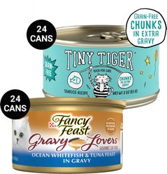 Tiny Tiger Chunks in EXTRA Gravy Seafood Recipe Grain-Free Canned Cat Food, 3-oz, case of 24 + Fancy Feast Gravy Lovers Ocean Whitefish & Tuna Feast in Sauteed Seafood Flavor Gravy Canned Cat Food, 3-oz, case of 24 slide 1 of 9
