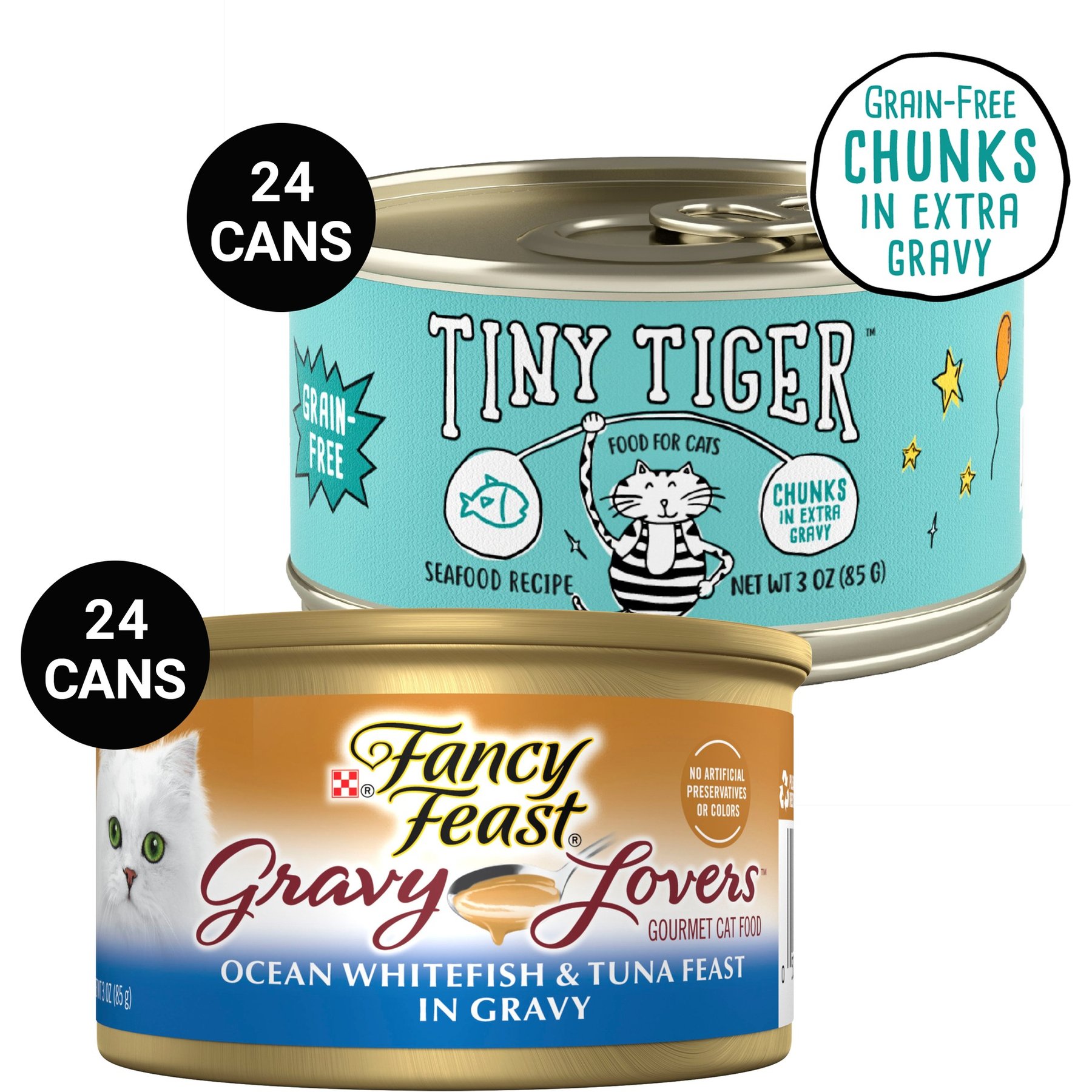 Tiny Tiger Chunks in EXTRA Gravy Seafood Recipe Grain-Free Canned Cat Food, 3-oz, case of 24 + Fancy Feast Gravy Lovers Ocean Whitefish & Tuna Feast in Sauteed Seafood Flavor Gravy Canned Cat Food, 3-oz, case of 24