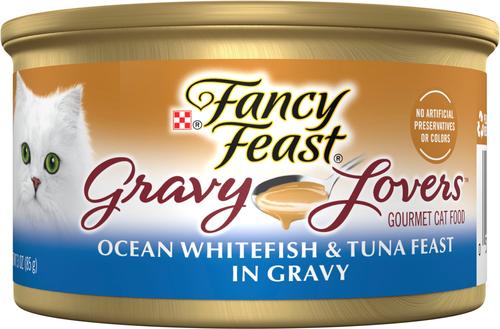 Show full view: Tiny Tiger Chunks in EXTRA Gravy Seafood Recipe Grain-Free Canned Cat Food, 3-oz, case of 24 + Fancy Feast Gravy Lovers Ocean Whitefish & Tuna Feast in Sauteed Seafood Flavor Gravy Canned Cat Food, 3-oz, case of 24 slide 6 of 9