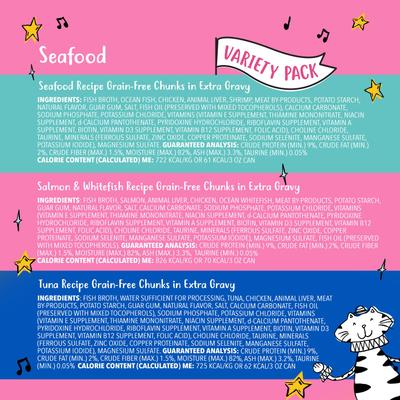 Show full view: Tiny Tiger Grain-Free Chunks in EXTRA Gravy Seafood Recipes Variety Pack Canned Cat Food, 3-oz can, bundle of 48  slide 6 of 11