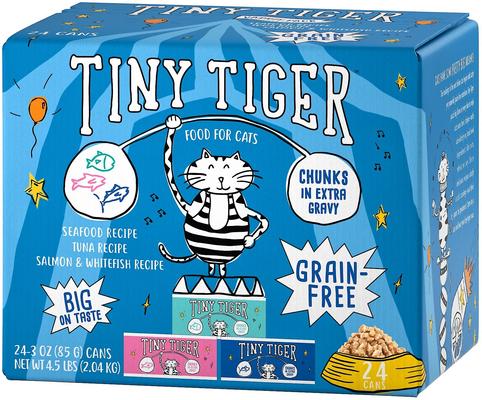 Show full view: Tiny Tiger Grain-Free Chunks in EXTRA Gravy Seafood Recipes Variety Pack Canned Cat Food, 3-oz can, bundle of 48  slide 9 of 11
