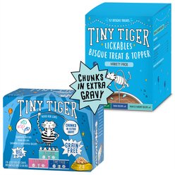 Tiny Tiger Chunks in EXTRA Gravy Seafood Variety Pack Canned Food + Lickables Variety Pack Bisque Cat Treat & Topper