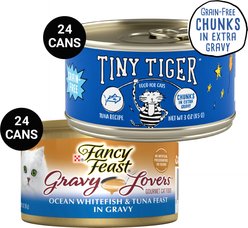 Tiny Tiger Chunks in EXTRA Gravy Tuna Recipe Grain-Free Canned Cat Food, 3-oz, case of 24 + Fancy Feast Gravy Lovers Ocean Whitefish & Tuna Feast in Sauteed Seafood Flavor Gravy Canned Cat Food, 3-oz, case of 24