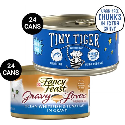 Tiny Tiger Tiny Tiger Chunks in EXTRA Gravy Tuna Recipe Grain-Free Canned Cat Food, 3-oz, case of 24 + Fancy Feast Gravy Lovers Ocean Whitefish & Tuna Feast in Sauteed Seafood Flavor Gravy Canned Cat Food, 3-oz, case of 24
