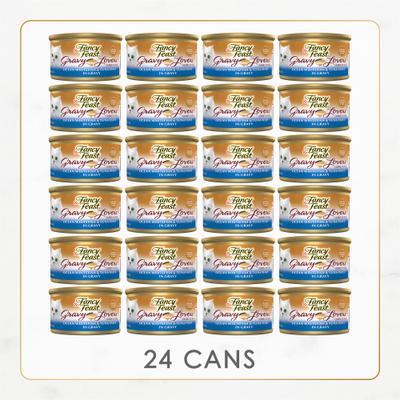 Show full view: Tiny Tiger Chunks in EXTRA Gravy Tuna Recipe Grain-Free Canned Cat Food, 3-oz, case of 24 + Fancy Feast Gravy Lovers Ocean Whitefish & Tuna Feast in Sauteed Seafood Flavor Gravy Canned Cat Food, 3-oz, case of 24 slide 7 of 9